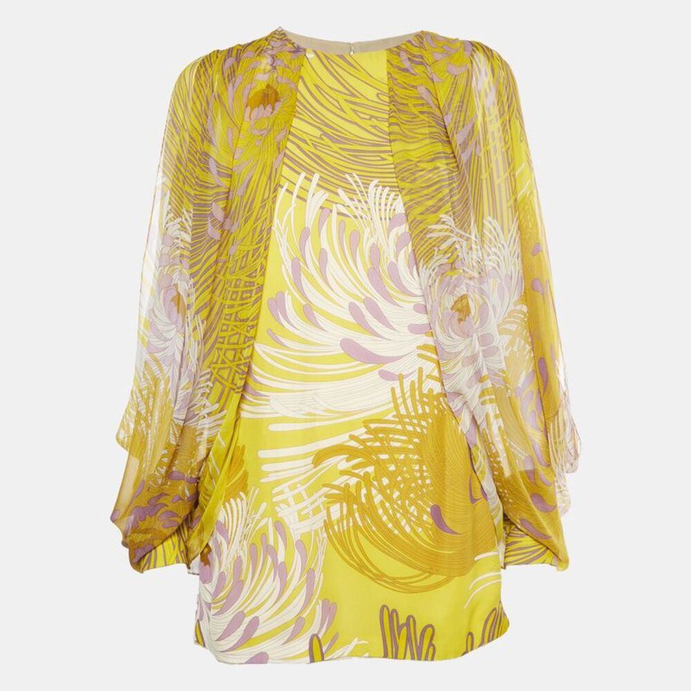 Gucci Yellow Floral Print Silk Cold Shoulder Top S